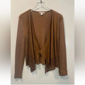 Westport Faux Suede Chamois Open Front Laser Cut Cardigan Sweater Womens Large‎